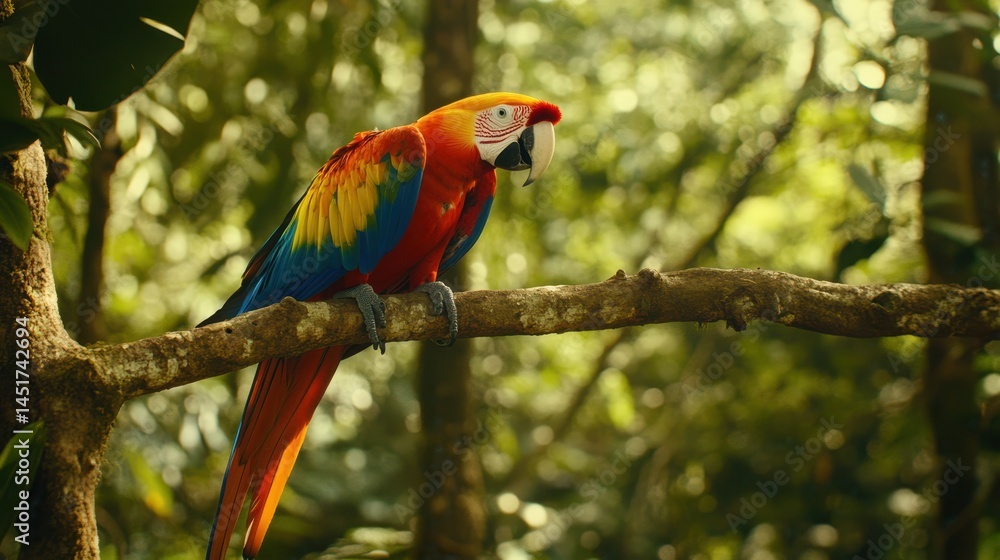 Obraz premium A Scarlet Macaw perched gracefully on a branch in the forest, showcasing its brilliant red, yellow, and blue plumage amidst a lush, green canopy.