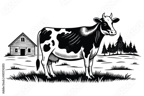 Monochrome dairy cow stands peacefully near a wooden barn and evergreen trees