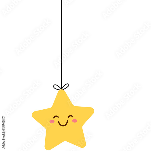 Cute yellow smiling star hanging by a string with a bow. Perfect for children's designs, nursery decor, kawaii themes, playful illustrations, or holiday decorative graphics.