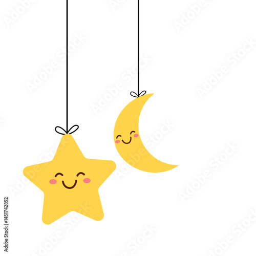 Adorable cartoon-style hanging star and crescent moon with smiling faces. Perfect for children’s room decor, nursery designs, bedtime themes, baby products, and whimsical night illustrations.