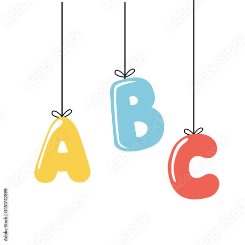 Colorful hanging alphabet letters .fun and playful illustration perfect for children’s education themes, nursery decoration, or preschool graphics.