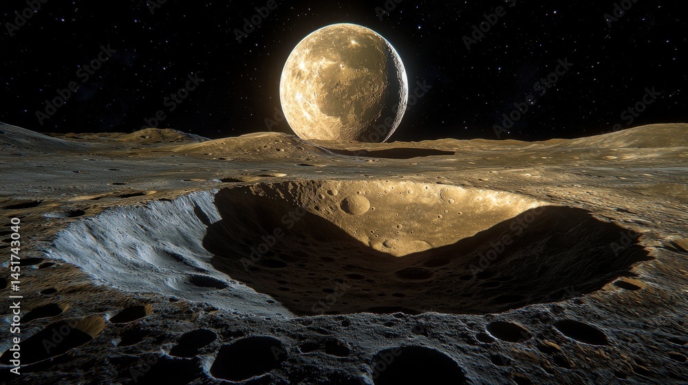 High-resolution image of lunar craters, rough terrains and ethereal cosmic shadows