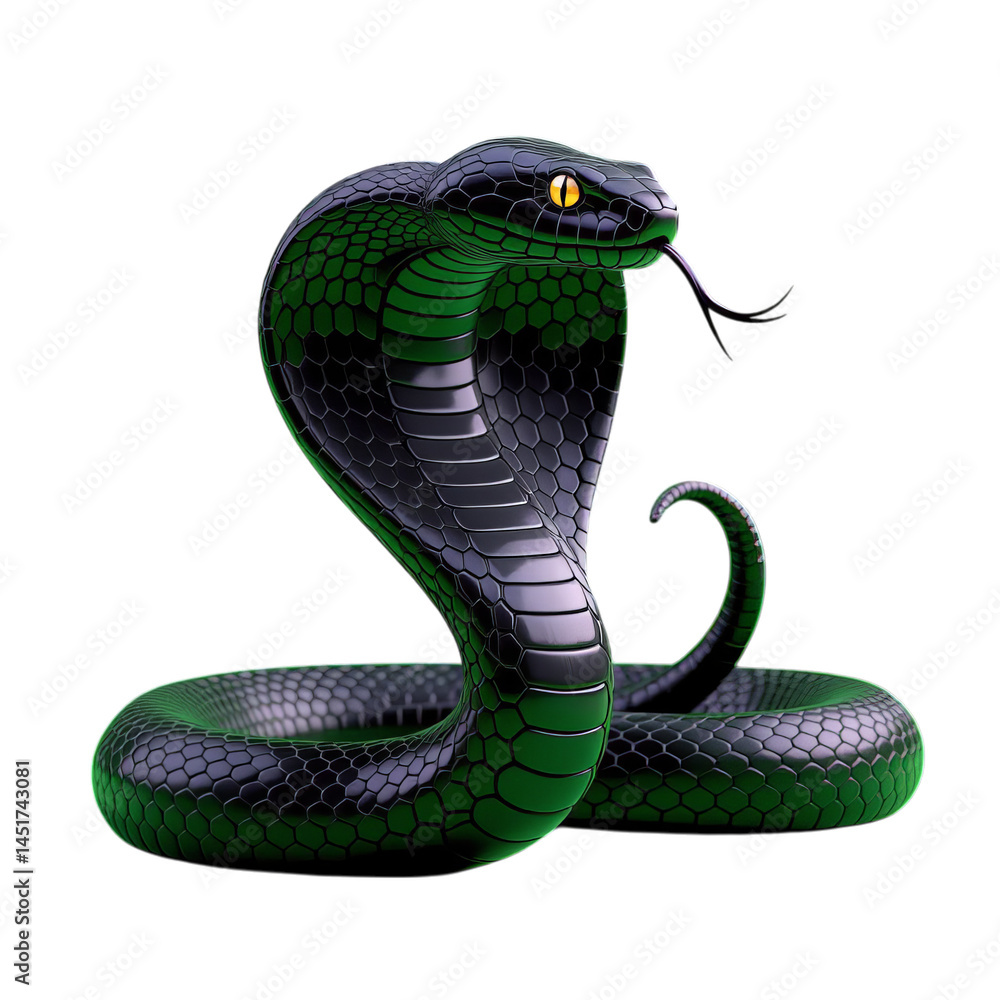 Obraz premium Green Cobra Snake, Black Background, 3D Render, Transparent Background