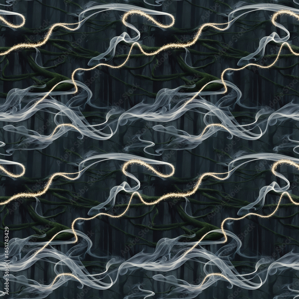 Obraz premium Elegant white smoke flows and sparkling lines on black background seamless pattern for luxury branding, minimalist websites, modern interior design projects, abstract presentations, and high-end marke