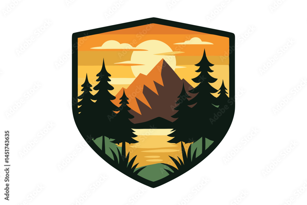 Obraz premium Mountain sunset within a shield has trees, grass and lake displayed vector