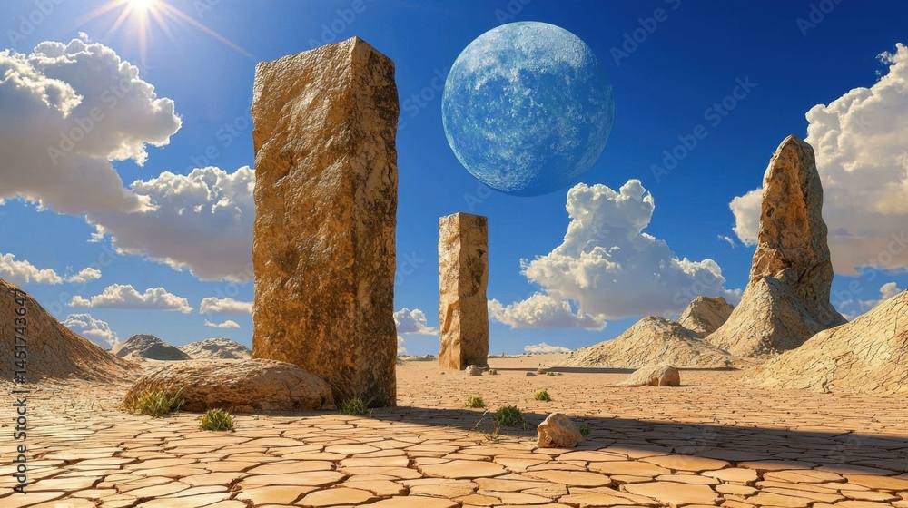 Huge rugged boulders scattered across dry desert, harsh sunlight and textured ground