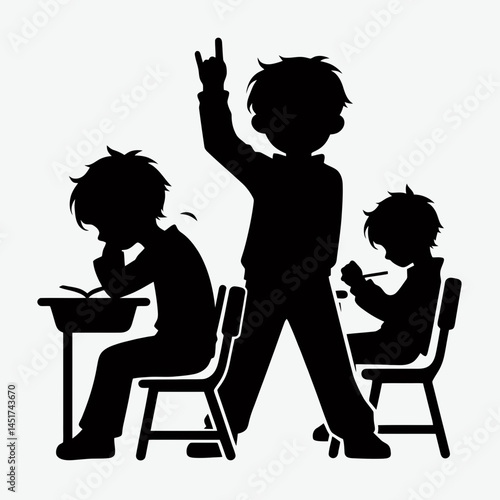  very simple flat and single minimalist Misbehaving on School Desk Silhouettes in black on a white background