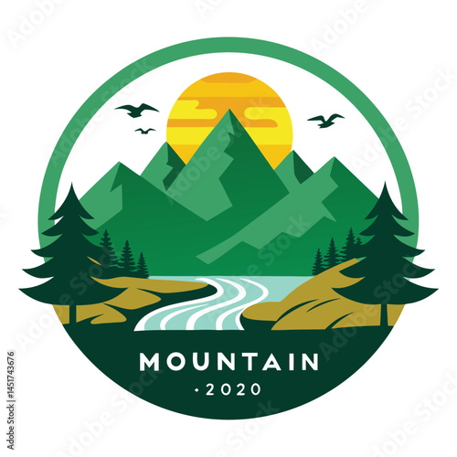 Mountain vista features a winding river, evergreen trees, birds, and a golden sun