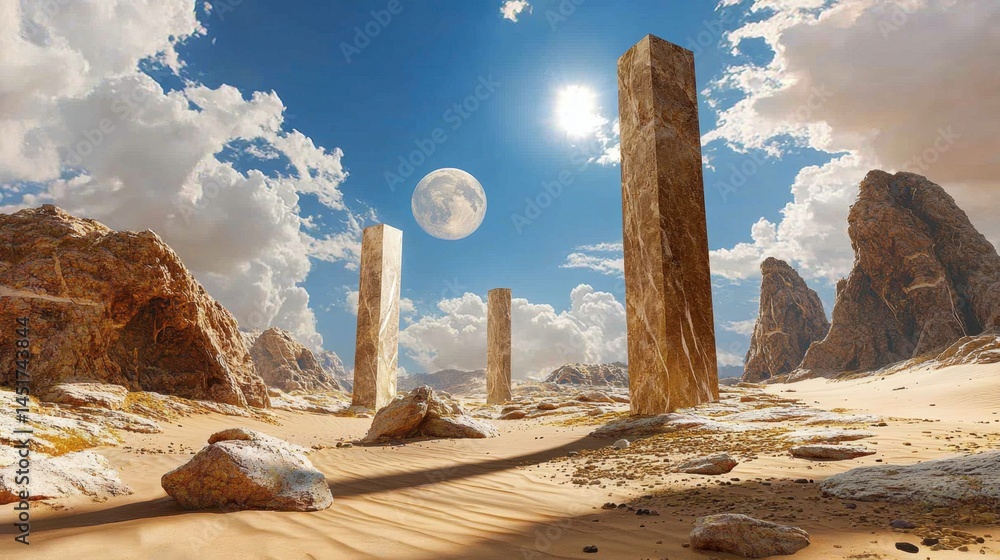 Isolated massive rocks in sunlit desert scene, dramatic barren landscape