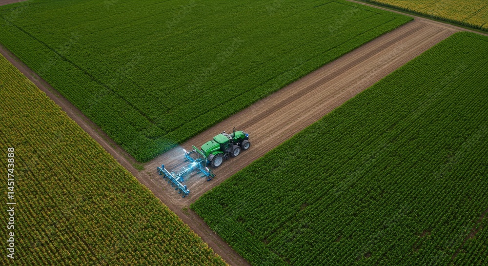 Obraz premium Aerial Drone View of Autonomous Tractor Plowing Smart Farm with GPS-Guided Rows and Glowing Soil Sensors