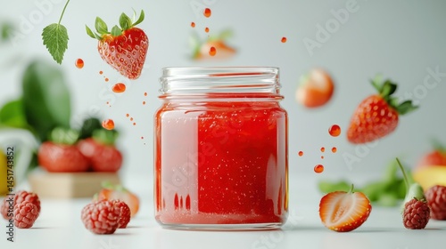 Obraz na płótnie Jar of fresh strawberry jam splattering sweetly with berries against a white backdrop w salonie