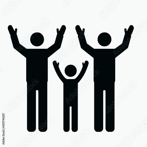 very simple flat and single minimalist Three People Rasing Hands Silhouettes in black on a white background 