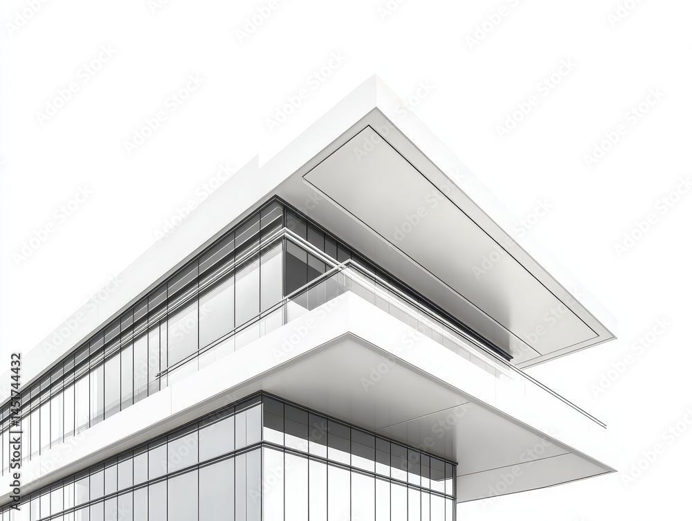 Fototapeta premium Modern architectural building exterior, angled perspective, showcasing a contemporary design with glass panels and a flat roof