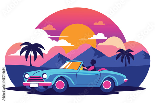 Person enjoys sunset driving convertible near silhouetted palms and mountains, showing a transparent background