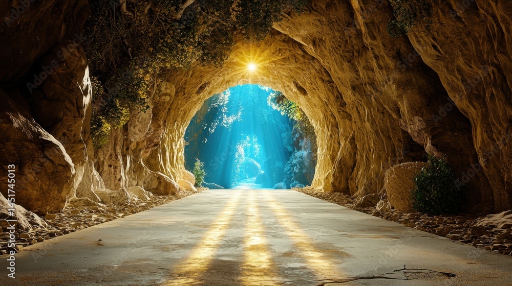 Magical underground tunnel, rocks glinting under faint light, an adventure into mystery