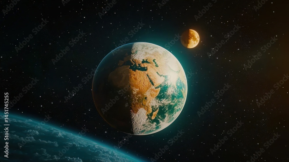 Majestic Earth seen from space with the Moon orbiting gracefully nearby, cosmic silence