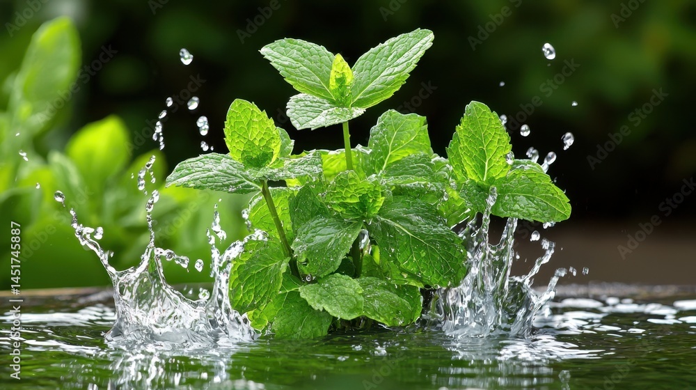 Mint leaves bursting with energy through splashing water, pure freshness