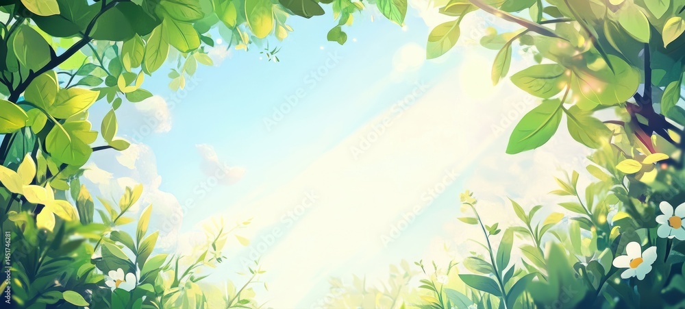 Obraz premium Springtime scene. Trees and flowers on the grass in the forest. The scene is filled with tranquility. illustration background