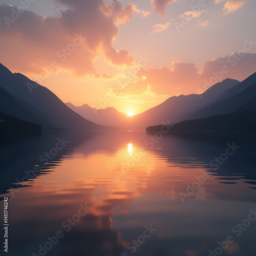 Serene_Sunset_Reflection_Over_Calm_Lake_And_Mountain