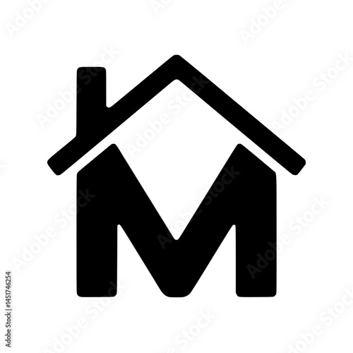 Letter M House Logo with Roof Design, Minimalist black icon combining the letter M with a house roof silhouette, ideal for real estate or construction branding.

