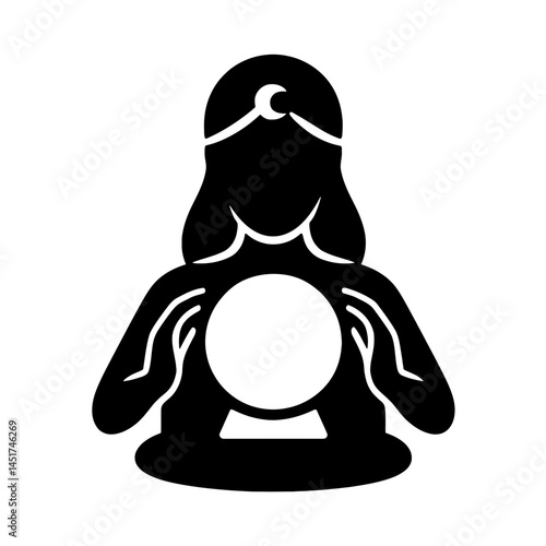  very simple flat and single minimalist Psychic and Crystal Ball Silhouettes in black on a white background 