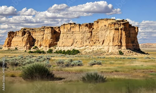 Vast sandstone formations rise above a dry, grassy plain