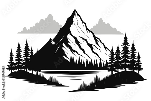 Serene mountain landscape showcases trees and a lake under cloudy skies in silhouette