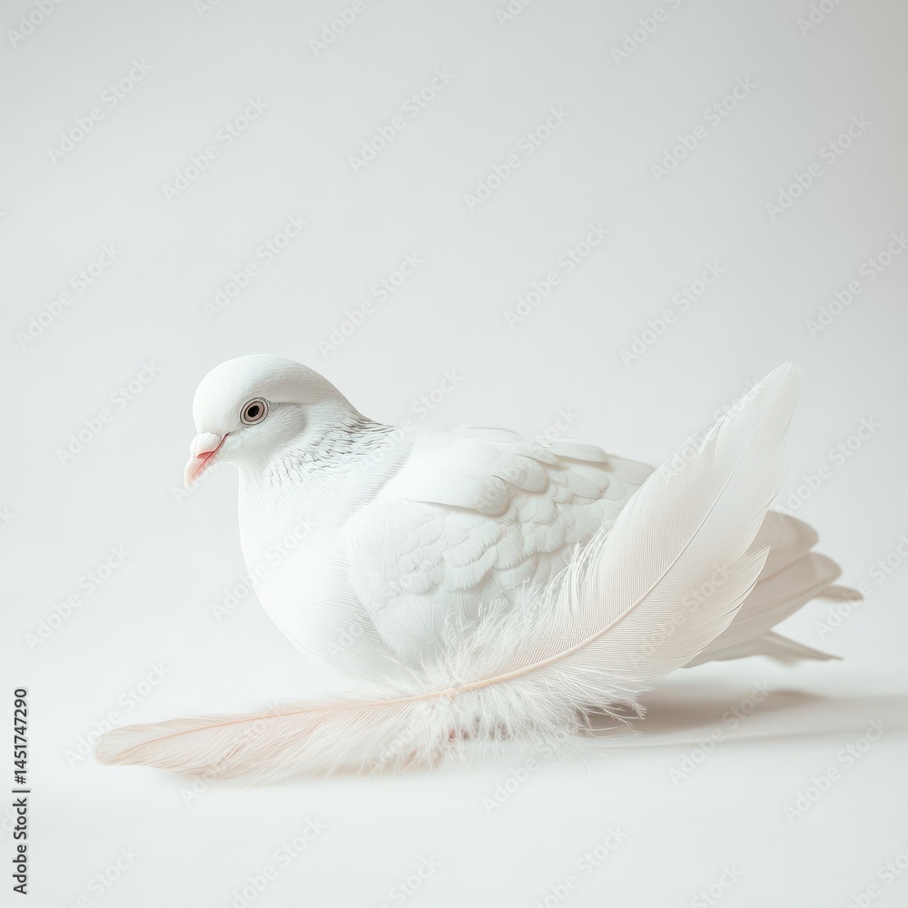 Fototapeta premium Serene White Dove with Delicate Pink Feathers on White Background