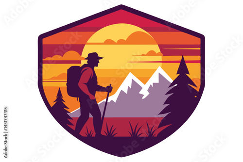 Silhouette man with backpack hiking near snowy mountains against sunset sky in the shield