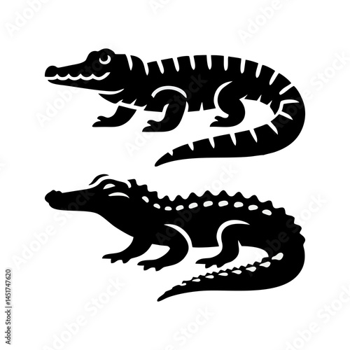 Black Alligator Silhouette Illustration Design With Dangerous Swamp Predator Fierce Toothy Beast Snapping Reptile Wildlife Jungle Animal Lurking Exotic Carnivore Creature River Nature Graphic