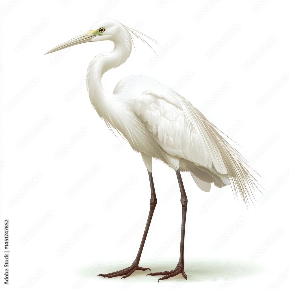 Naklejka premium White Egret Bird Detailed Illustration on White Background