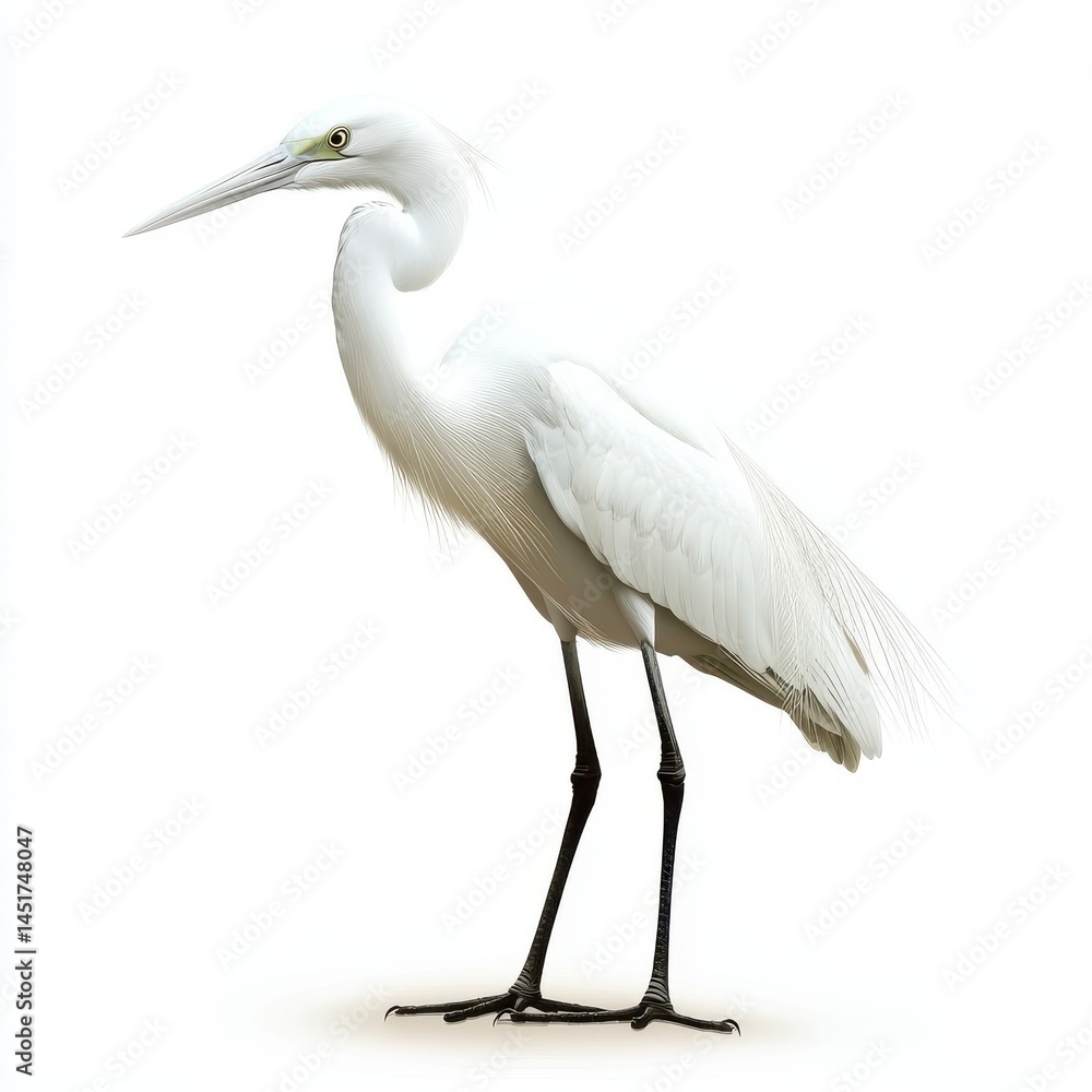 Fototapeta premium White Egret on Sandy Surface Against White Background