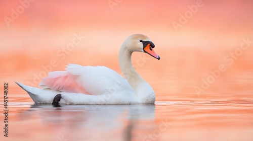 Fototapeta Naklejka Na Ścianę i Meble -  A serene swan floats gracefully on calm water, illuminated by the soft hues of a pink sunset sky.