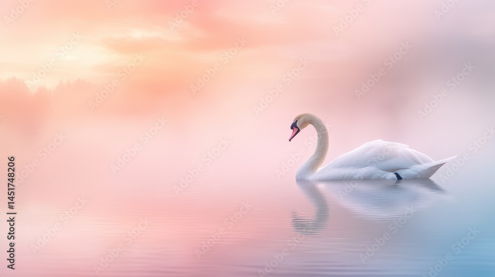 Obraz premium A serene swan floats gracefully on calm water, illuminated by the soft hues of a pink sunset sky.