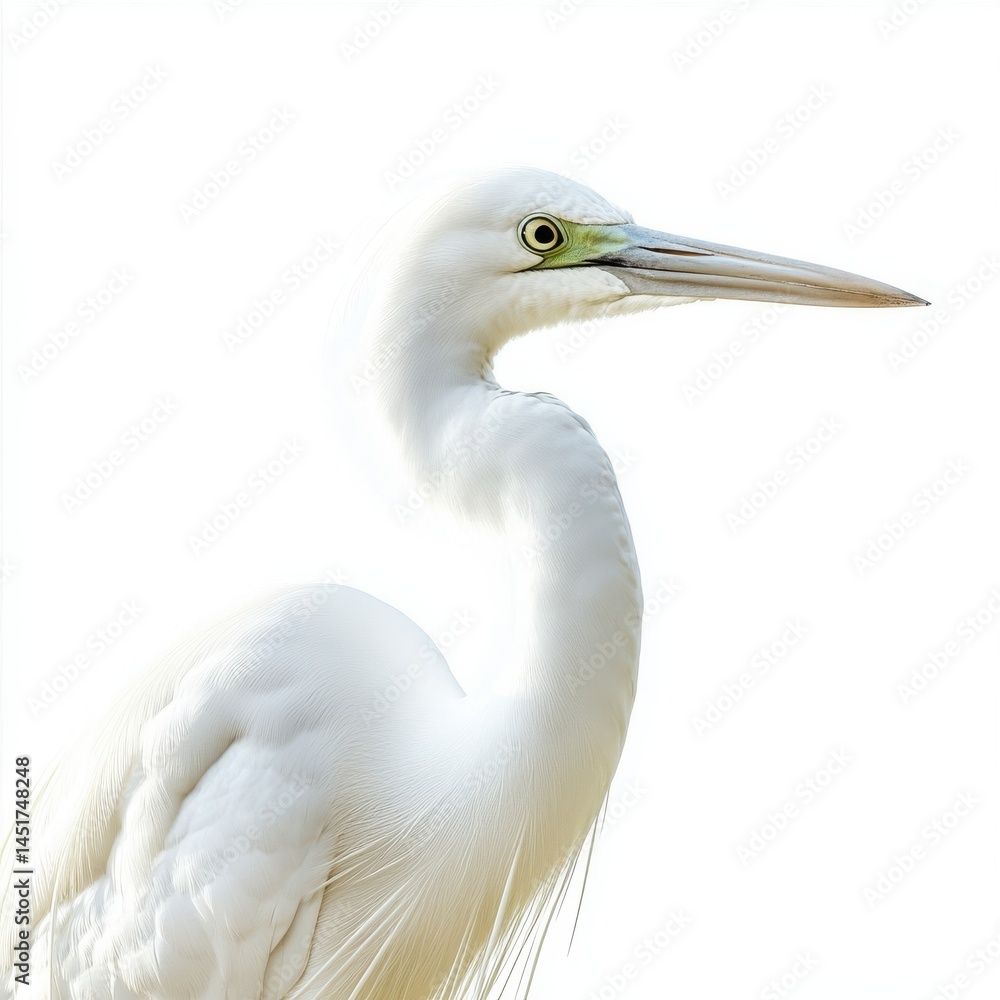 Fototapeta premium White Egret Profile Closeup of a Graceful White Bird Against a Bright Background