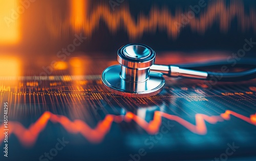 Stethoscope on a financial chart, suggesting healthcare impact on market trends