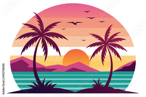 Wallpaper Mural Silhouetted palms frame sunset over calm teal sea, stylized birds fly against gradient sky Torontodigital.ca