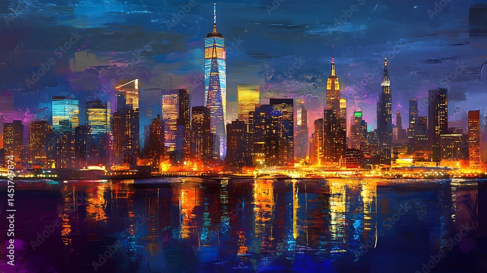 Fototapeta premium Tower and buildings lit in darkness high resolution picture