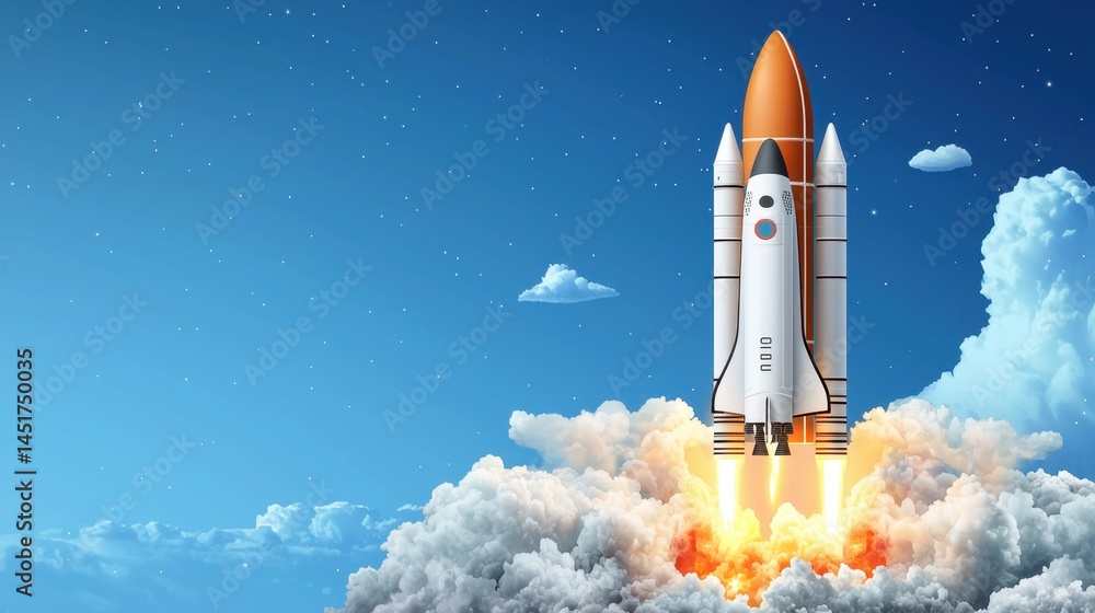Sleek space rocket launching upward, engines ablaze, piercing the azure sky.