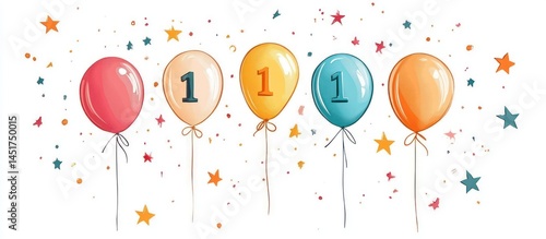 Five balloons, confetti, stars; first birthday