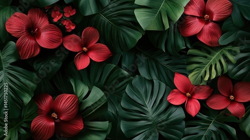 Wallpaper Mural Vibrant tropical floral arrangement. Lush green leaves, vibrant red hibiscus flowers create a lush, exotic scene Torontodigital.ca