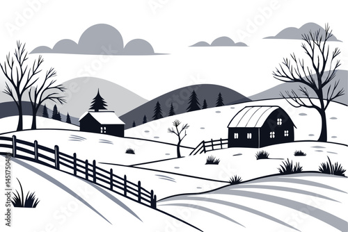Snowy winter landscape features houses, bare trees, rolling hills, and a simple fence line