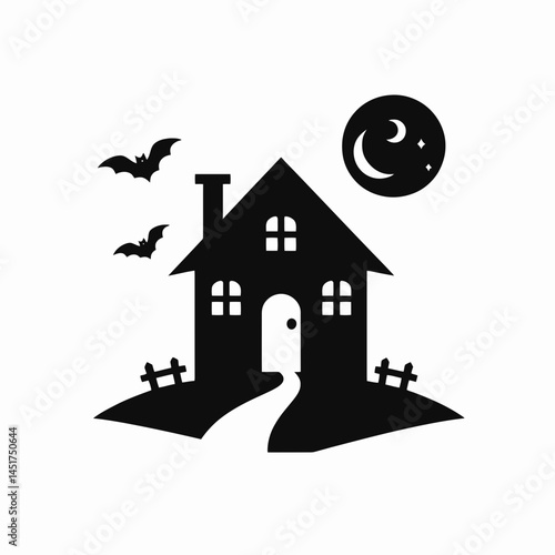  very simple flat and single minimalist Spooky Halloween House Silhouettes in black on a white background 