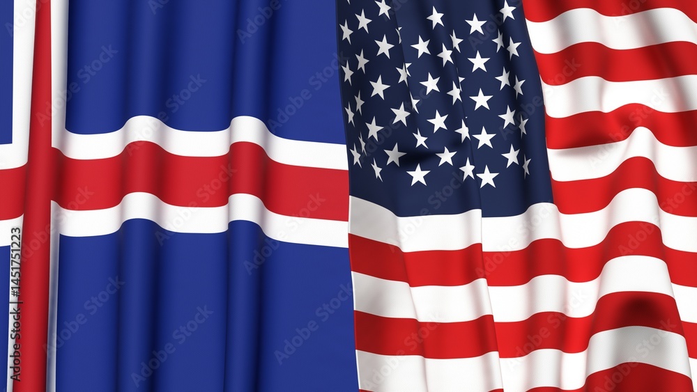 Fototapeta premium Flags of ICELAND and USA with realistic cloth texture