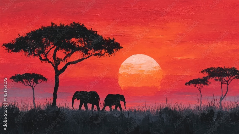 Fototapeta premium Silhouette elephants sunset savanna