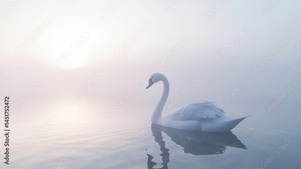 Obraz premium A solitary swan is depicted in a 3D rendering, gracefully floating on a foggy lake.