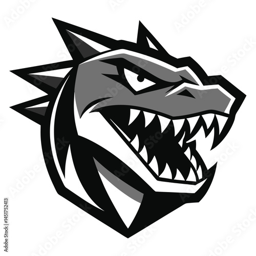 Stylized monochrome reptile head fiercely displays sharp teeth on a transparent backdrop