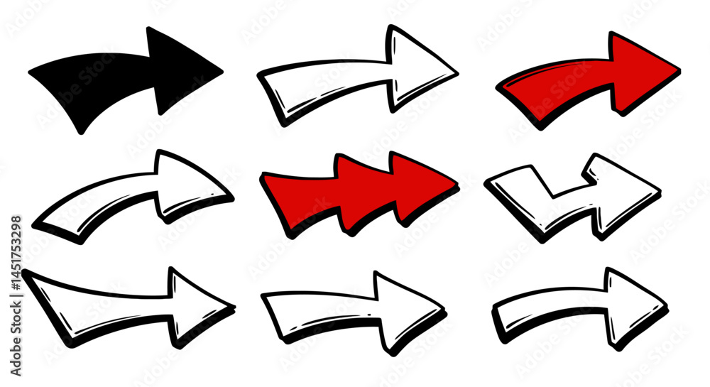 Fototapeta premium Hand-Drawn Arrow Set: Bold Black, White, and Red Directional Indicators