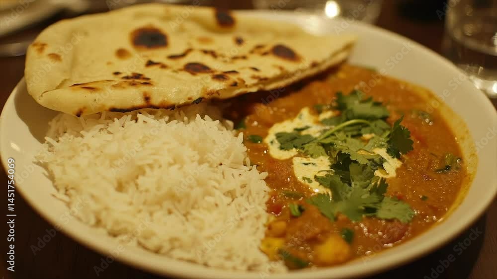 Spicy lentil curry with naan and rice Spicy lentil curry with naan and rice