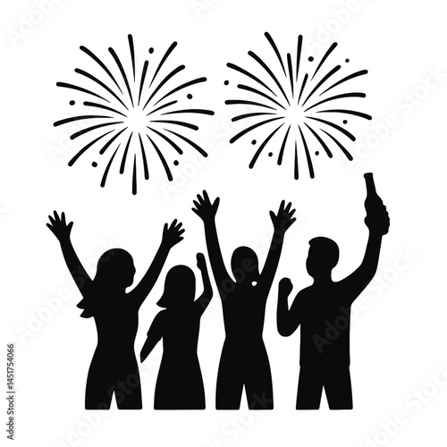 very simple flat and single minimalist People Celebrating Fireworks Silhouettes in black on a white background